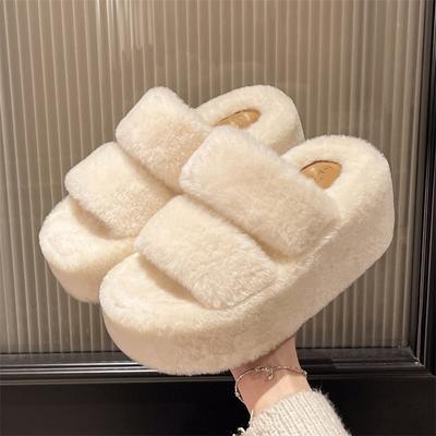Модные женские тапочки на толстой платформе с мехом, зимние новые, толстые пушистые домашние тапочки для улицы, женские короткие плюшевые дизайнерские теплые туфли