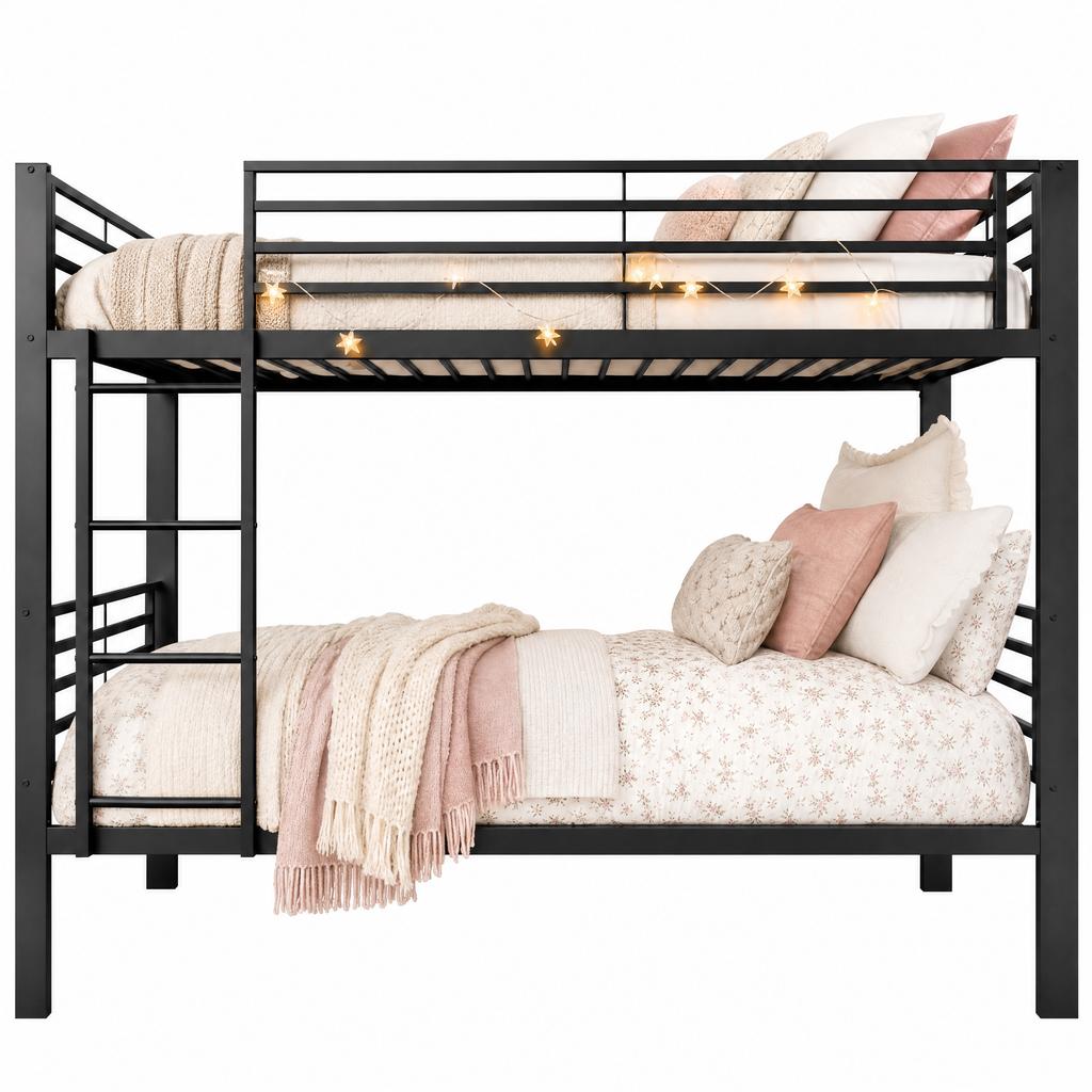 Metal Bunk Bed 90x200 cm, Load Capacity up to 350kg (150/200kg), Noise-free Metal Bed with Slatted Frame & Ladder Mountable Left/Right, Black