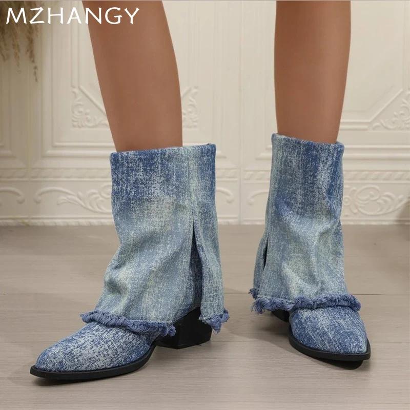 Модные ковбойские женские высокие сапоги с острым носком, зимние дизайнерские туфли на толстой подошве до середины голени, женские зимние сапоги 2024 года, готические женские ботинки