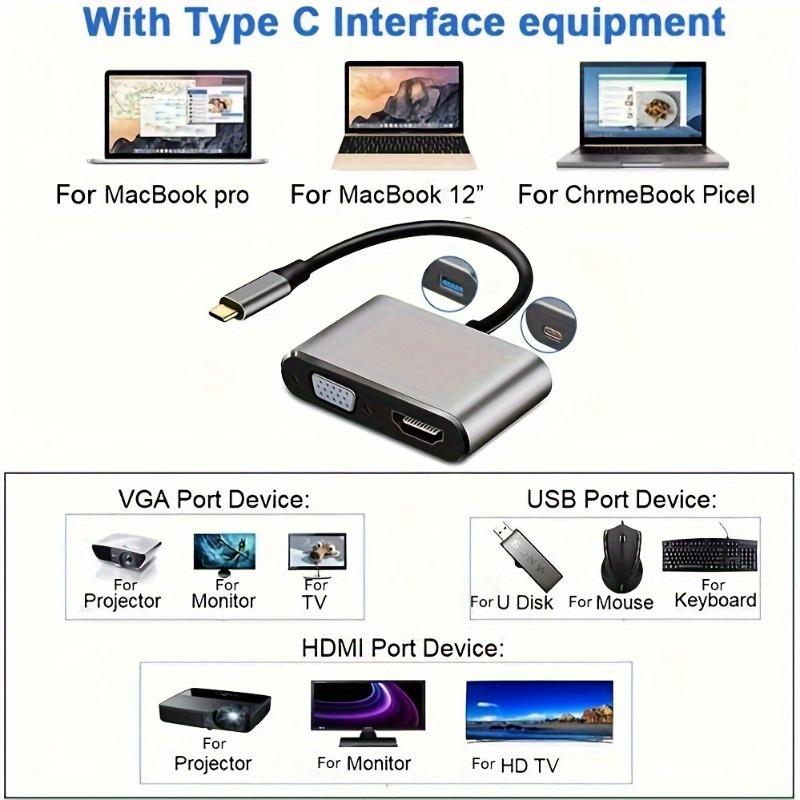 4-in-1 Type C Adapter Hub to HDMI VGA USB 3.0 Digital AV Multiport Adapter