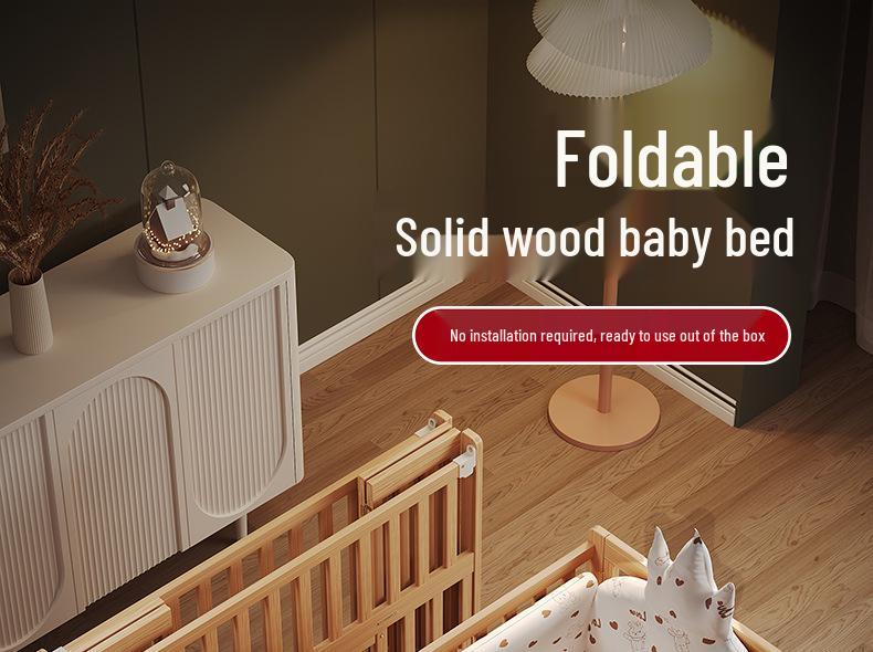 Movable Solid Wood Foldable Baby Crib, Unpainted, Multifunctional Newborn Bed