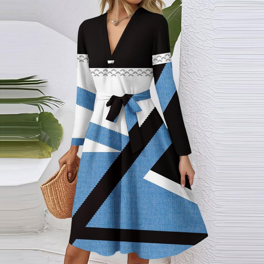 Women's Fashion Casual V-Neck Long Sleeve Waist Floral Print Midi Dress