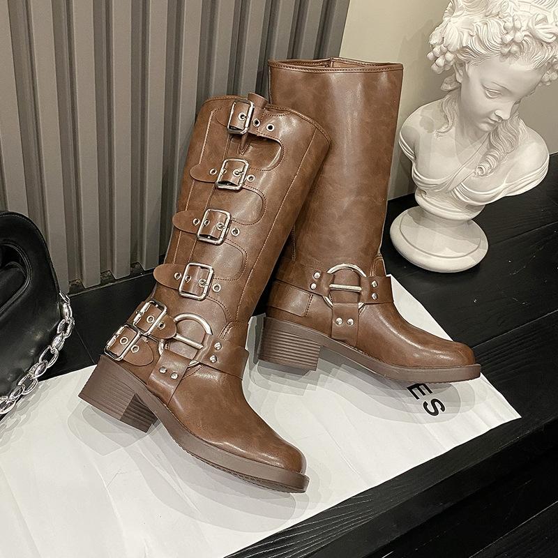 Женские ботинки на платформе, мотоциклетные ботинки, ремешок с пряжкой, ботинки на толстой подошве, женская мода, черная искусственная кожа, западный стиль, рыцарские ботинки, botas mujer