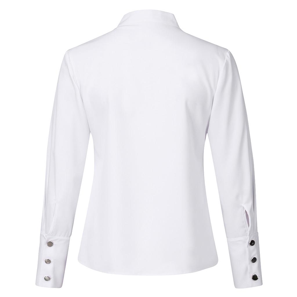 Женщины воротник-стойка с длинным рукавом металлические кнопки твердые повседневные блузки рубашка топ