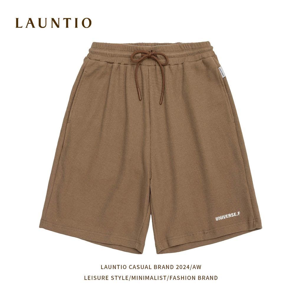 Прямые мужские шорты в стиле ретро, ​​базовые мужские брюки из пяти предметов с вафельной вышивкой земляного цвета