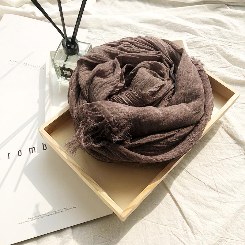 Vintage Crinkle Cotton Linen Scarf for Men Women Solid Color Autumn Winter Warm Pashmina Fringed Edge Soft Shawls and Wraps