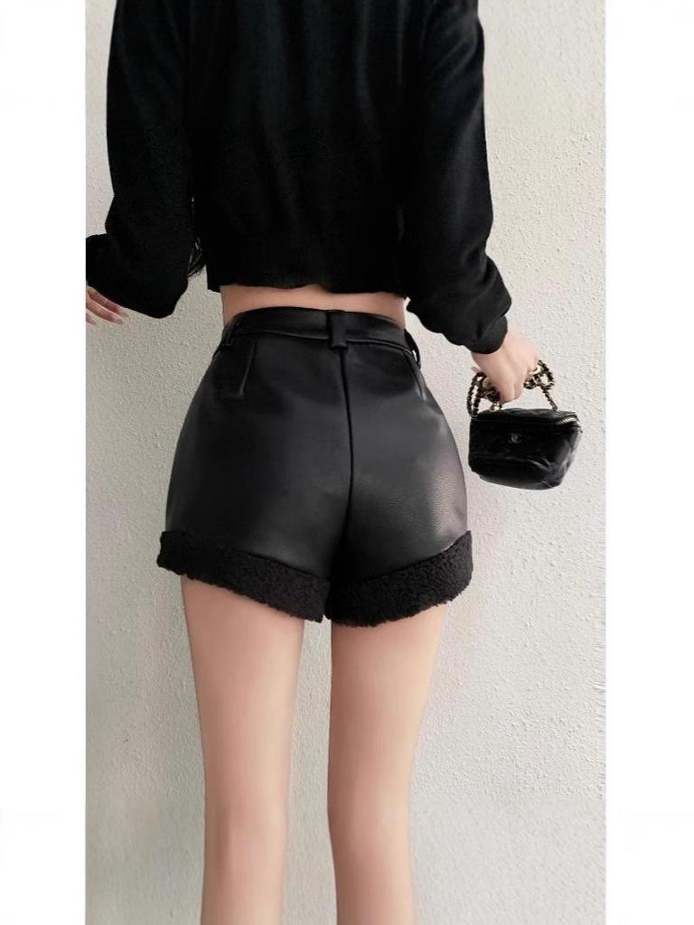 Spicy Girl High Waist Patchwork Slimming PU Leather Shorts - Autumn/Winter Style