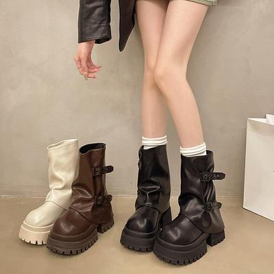 Сапоги-ботильоны интернет-знаменитости женские 2024 осень и зима новые ретро на небольшой толстой подошве для увеличения роста мотоциклетные сапоги Мартин