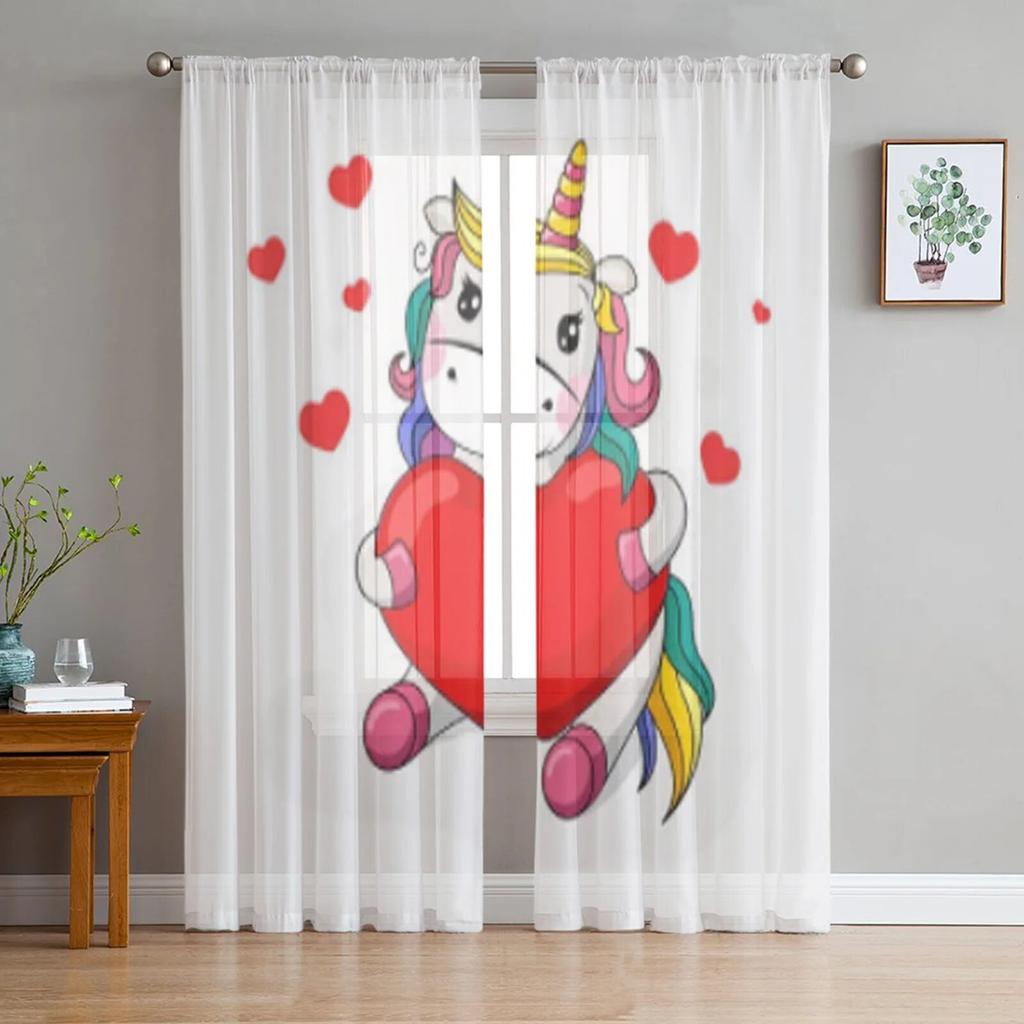 Милый мультяшный единорог с цветами, прозрачные шторы для гостиной, детская спальня, тюлевые шторы, кухонные шторы для окон