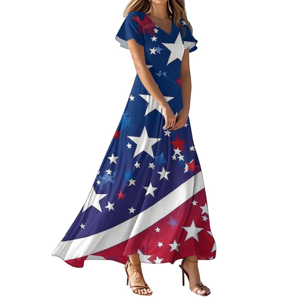 Женские повседневные модные длинные платья с принтом, платья с V-образным вырезом и коротким рукавом
