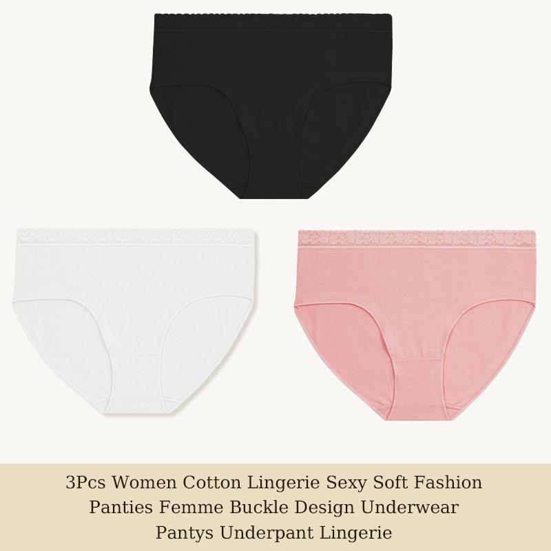 3 шт. Женское хлопковое нижнее белье Сексуальные мягкие модные трусики Femme Дизайн с пряжкой Трусы Нижнее белье Кружевное интимное белье S-XL
