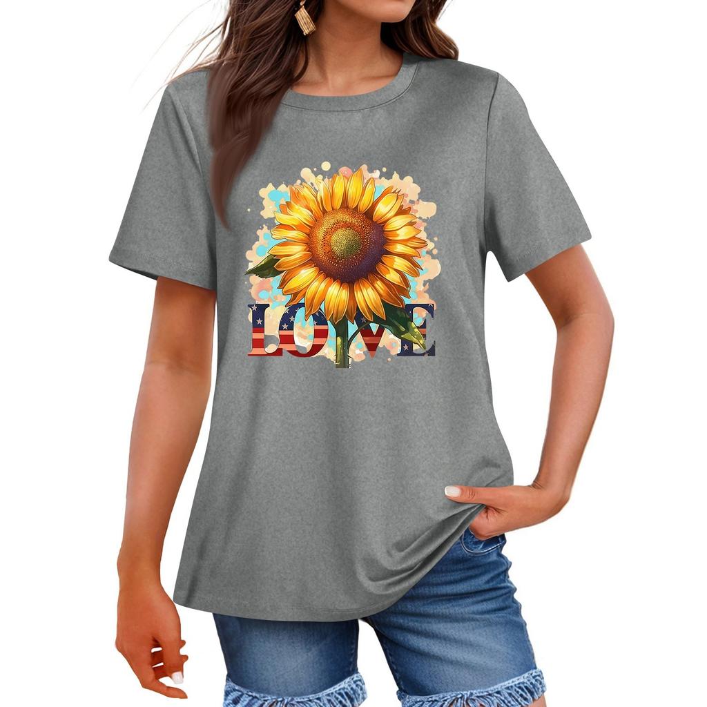 Women's Fashion Independence Day Printed Round Neck Short Sleeved Casual T-shirt Top