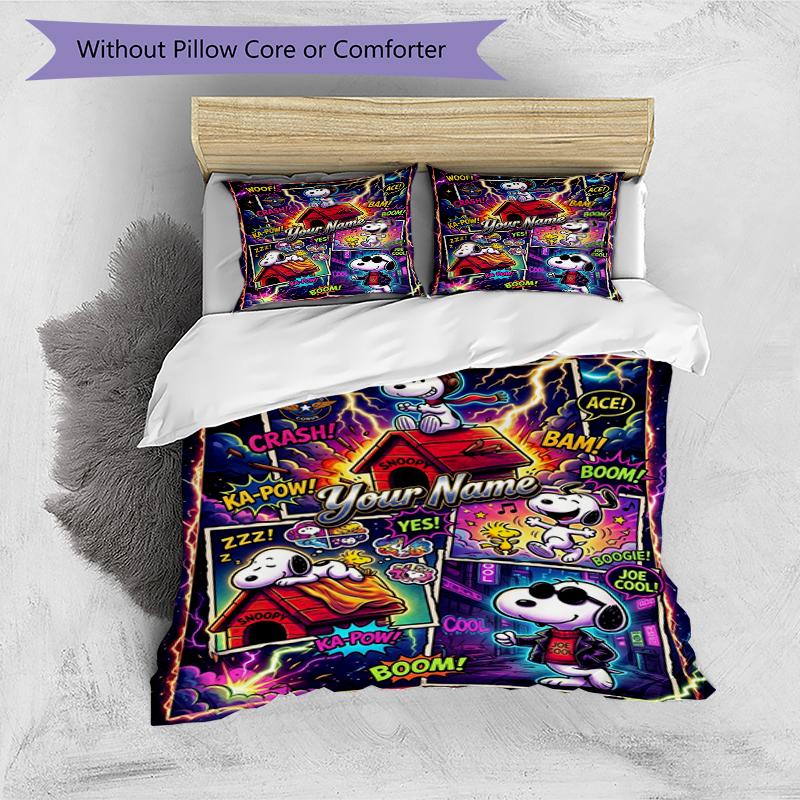 3pcs Custom Name Peanuts Adventure Printed Bedding Set Duvet Cover Closure Includes 1 Duvet Cover & 2 Pillowcases, Soft and Comfortable for All Season