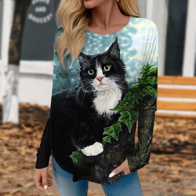 Women's 3d Colorful Cartoon Kawaii Cat Print Autumn Long Sleeve Tops Women's T-Shirt O-Neck Oversized Ladies Clothing