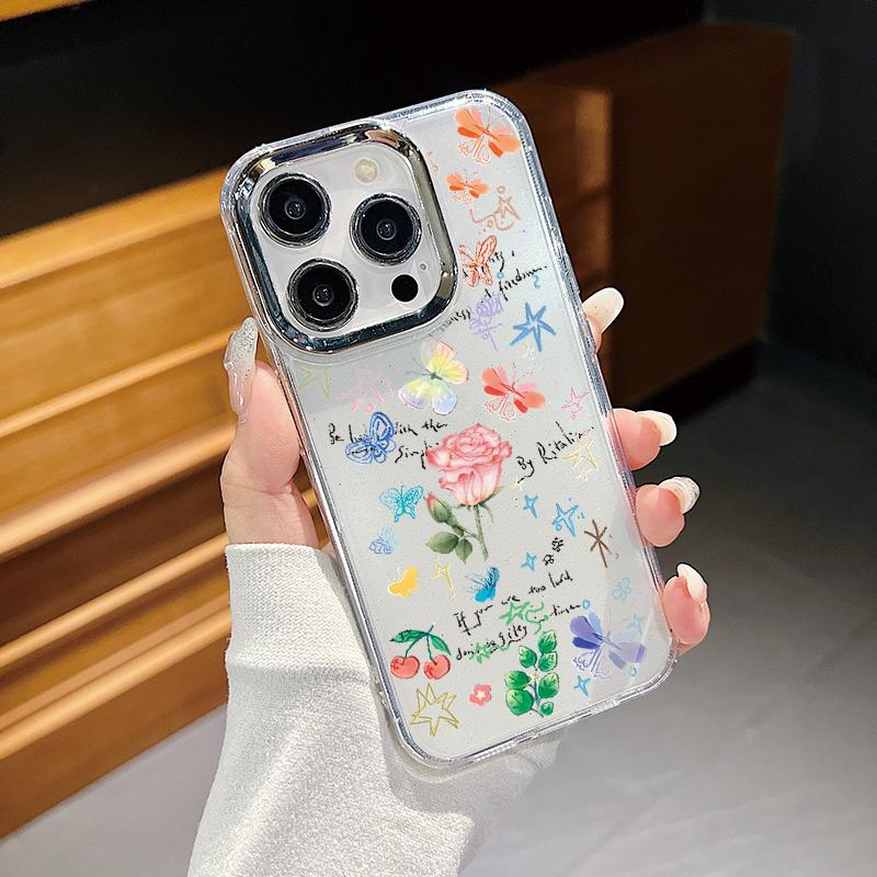 Luxury Garden Flower Case For iPhone 15 Pro Max Coque iPhone 11 12 13 14 16 Pro Max Plating Lens Clear Soft Silicone Back Cover