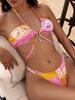 Metal Hardware Faux Pearls Criss Cross Halter Ethnic Paisley Printed Thong Bikini Swimwear