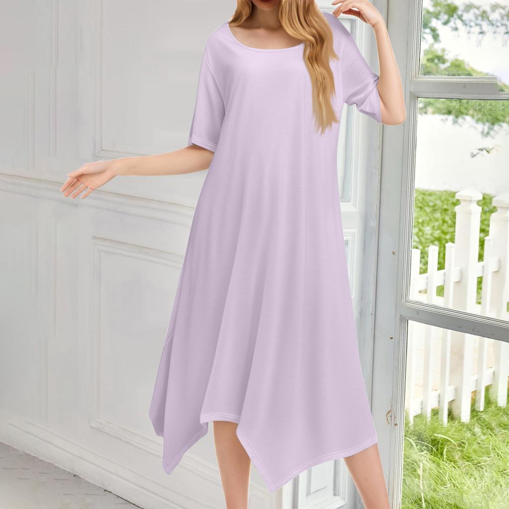 Женское повседневное модное платье миди с круглым вырезом и коротким рукавом, однотонное, с неровным подолом