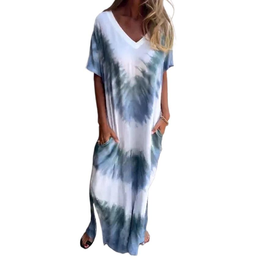 Casual Beach Maxi Tie Dye Printed Dresses Women's Spring Summer Short Sleeve V-neck Plus Size Long Dress