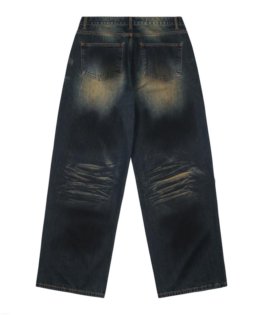 TRILLION Dirty Brush Washed Wide Denim Pants (Deep Green)