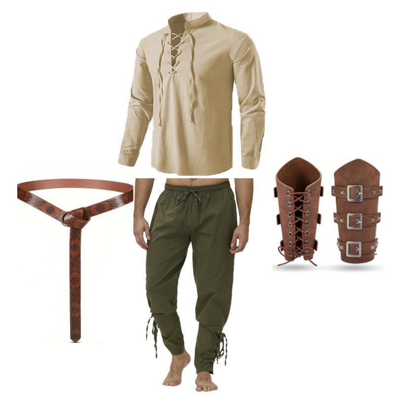 Men's Renaissance Costume Set Medieval Vintage Costume Pirate Shirt And Pants Viking Belt And Accessories Halloween Costume