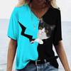 Летний топ с V-образным вырезом и 3D-цветным принтом в виде кота, модные повседневные женские футболки с короткими рукавами