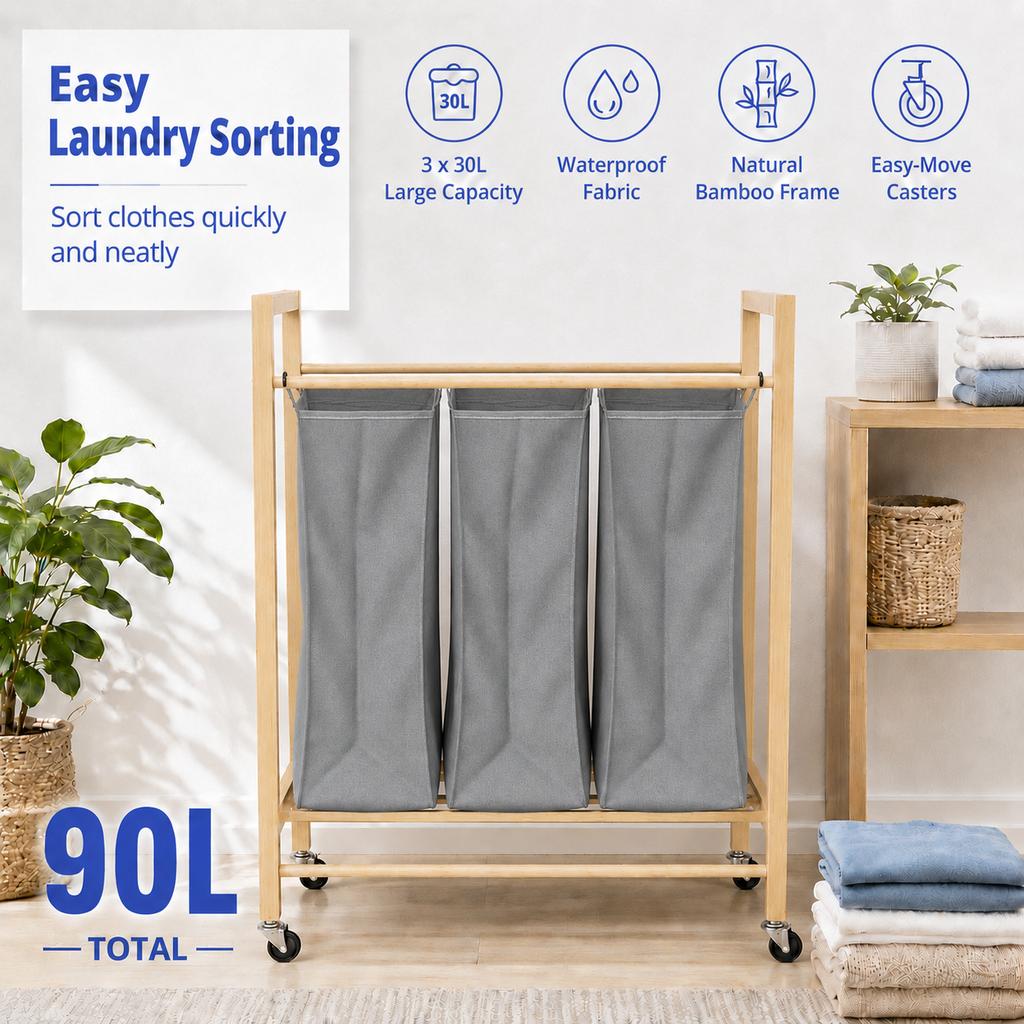 Bamboo Laundry Basket, 3 Compartments, Laundry Bag, Removable, Laundry Bins with Wheels, 3 x 30 L. Mobile, Portable