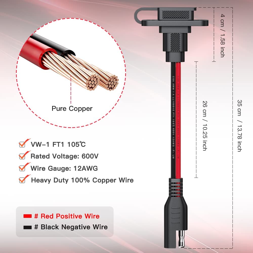 Quick Connector Harness 12AWG 30CM Waterproof SAE Extension Cord Sidewall Port for Solar Panel Battery Charger