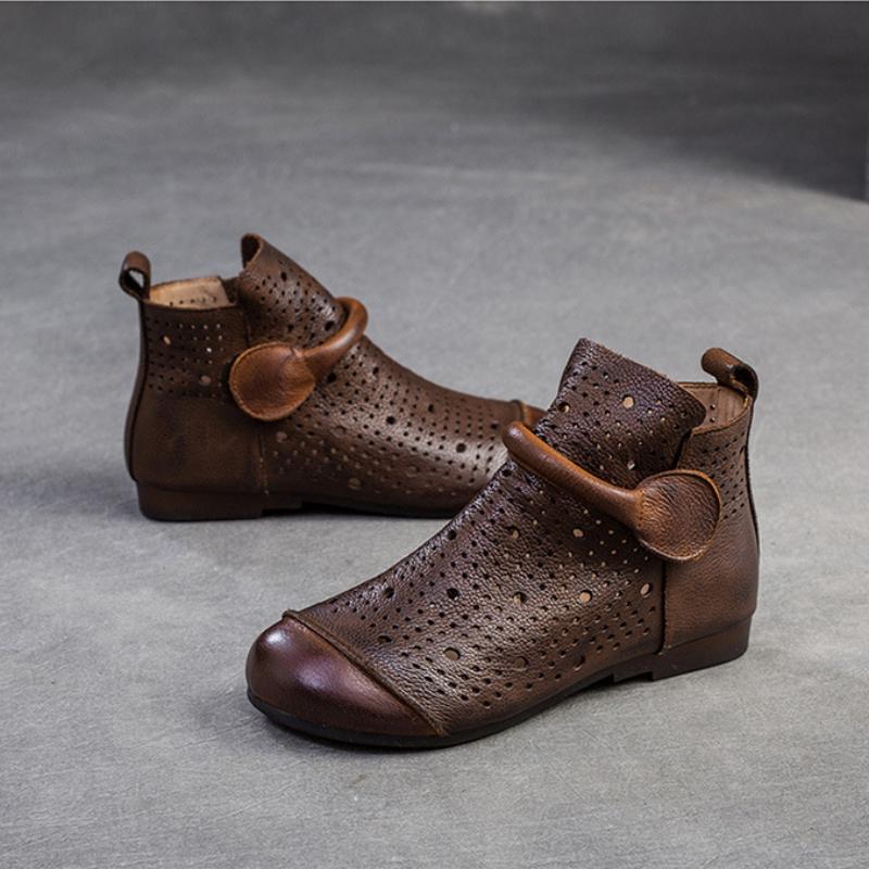 Johnature Genuine Leather Hollow-out Boots Retro Round Toe Breathable Sandals Versatile Women Flat Shoes