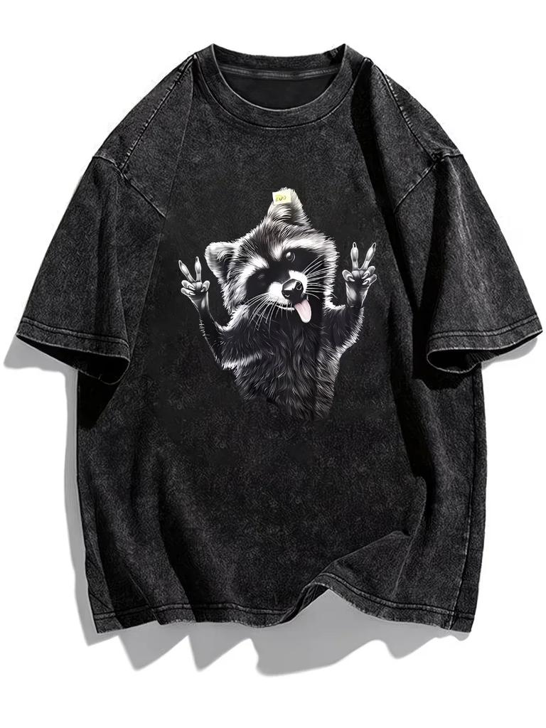 Vintage Raccoon Graphic Tshirt Washed Cotton Acid Wash Streetwear Tee Retro Animal Print Top Oversized Casual Unisex Apparel