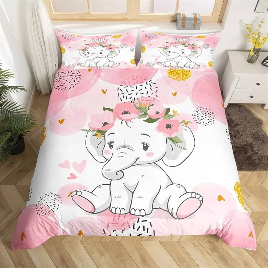 Kawaii Elephant Duvet Cover Set Cute Animals Quilt Cover Twin Queen Soft Microfiber Cartoon Bedding Set For Boys Girls Room Dorm