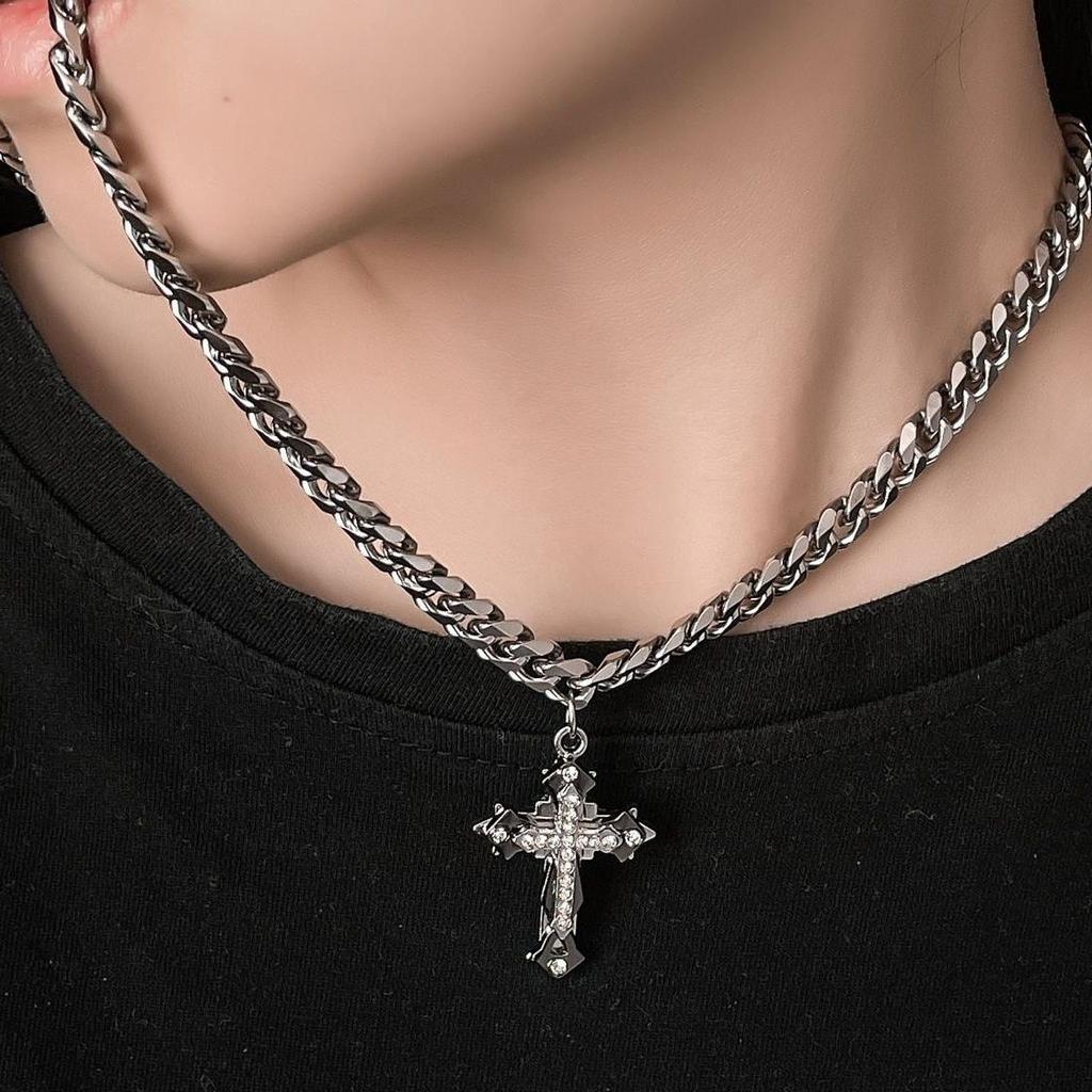 Necklace European American Cuban Chain Cross Pendant Male Trend ins Hip Hop High Street Coarse Versatile Necklace
