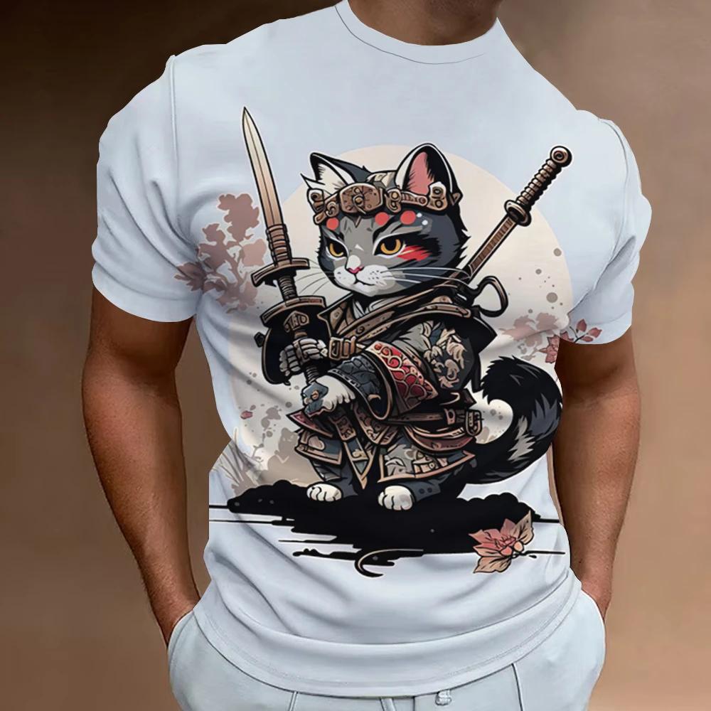 New Retro Men 2024 Fashion Oversized Men's Clothing Quick Drying T-shirt Top T-shirt 3d Samurai Cat Print Short Sleeve T-shirt