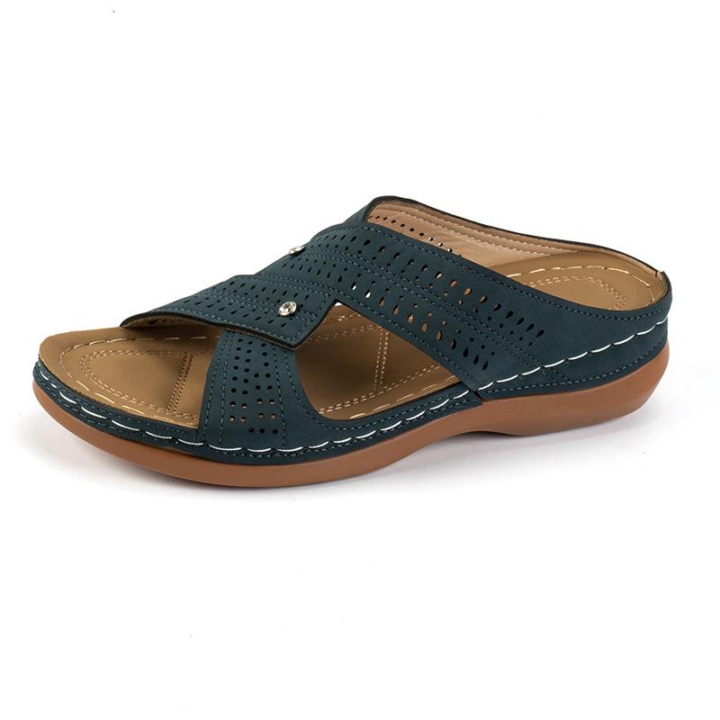 Cross-border Foreign Trade Large Size New Casual Round Head Cross Belt Hollow High Heel Women's Wedge Heel Slippers Wholesale