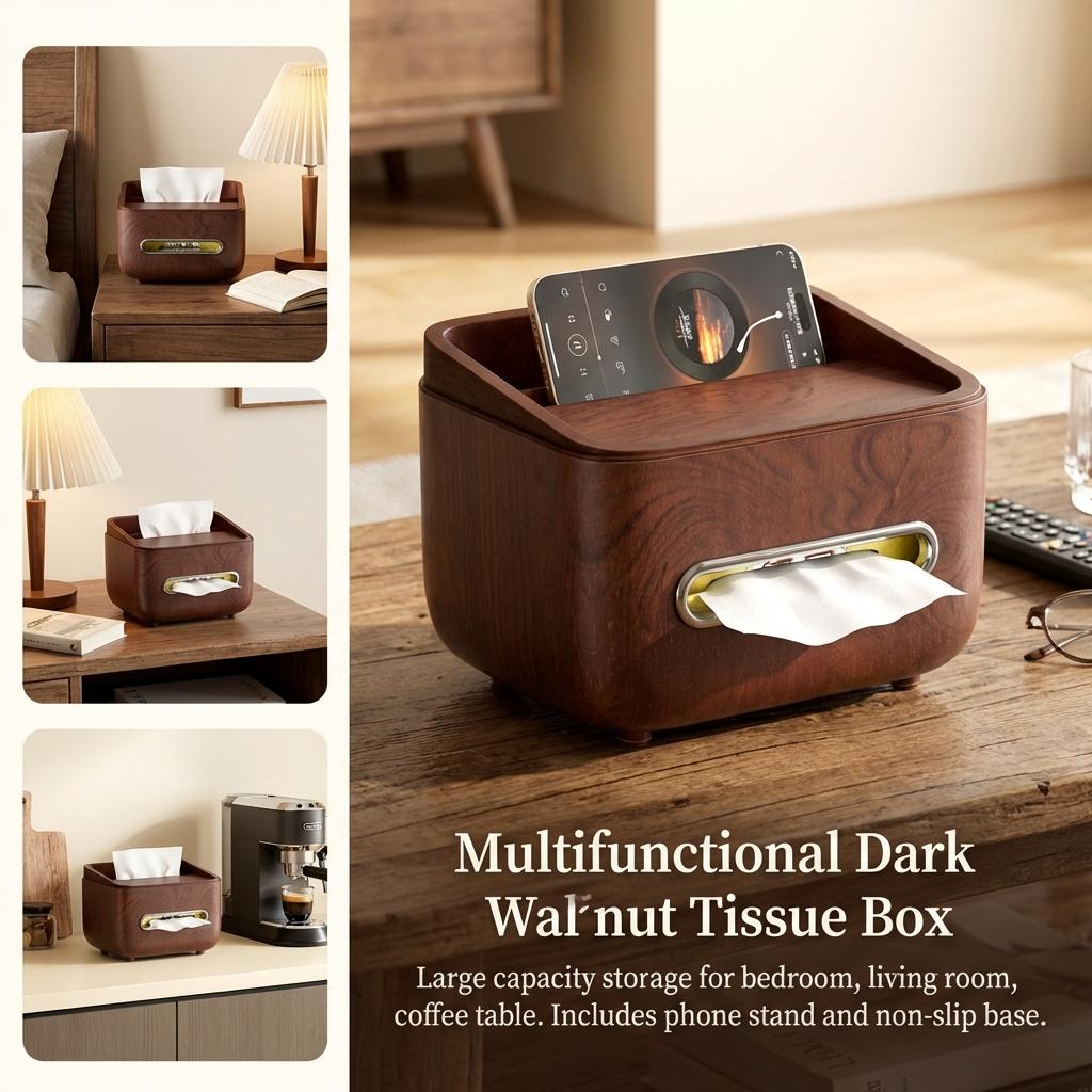 Multifunctional Tissue Box Cover with Storage for Remote & Phone Modern Desktop Organizer for Living Room Bedroom Coffee Table
