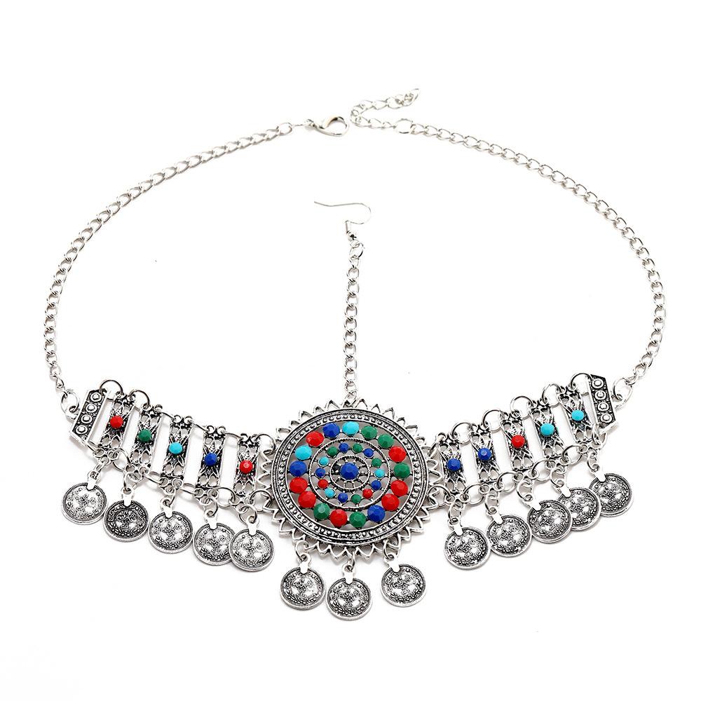 Винтажный афганский цыганский набор из повязки на голову с монетами, браслета и серег, бохо, красочный, со стразами, с круглыми полыми цветами, турецкий, женский, с цирконом