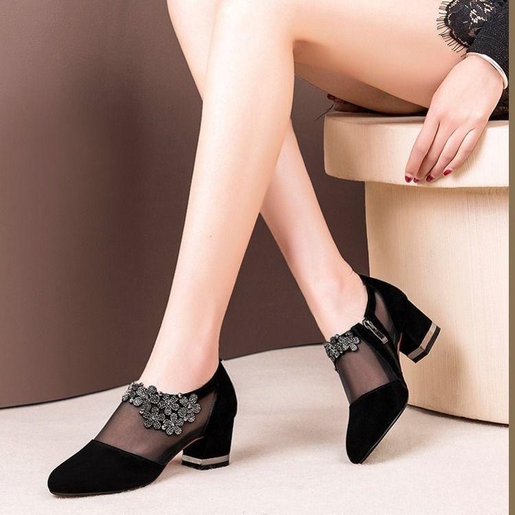 Mesh Lace Crossed Stripe Casual Pointed Toe High Stilettos Heels Pumps Sandals Shoes
