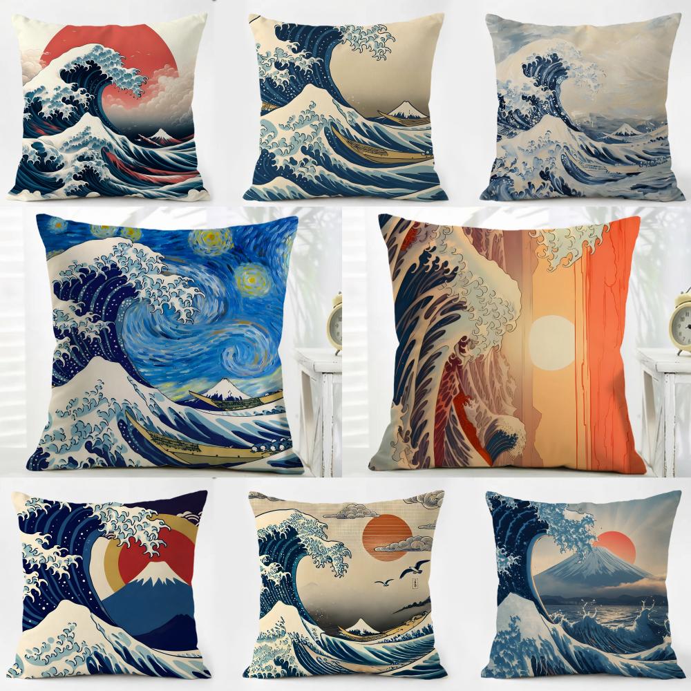 HHokusai Great Wave Cushion Cover Washable Linen Pillowcase Soft for Daily Sofa Bed Home Room Decor