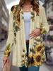 Women'S Plus Size Casual V-Neck Cardigan - Sunflower Print Knit Polyester Open Front Long Sleeve Overcoat for Spring & Fall