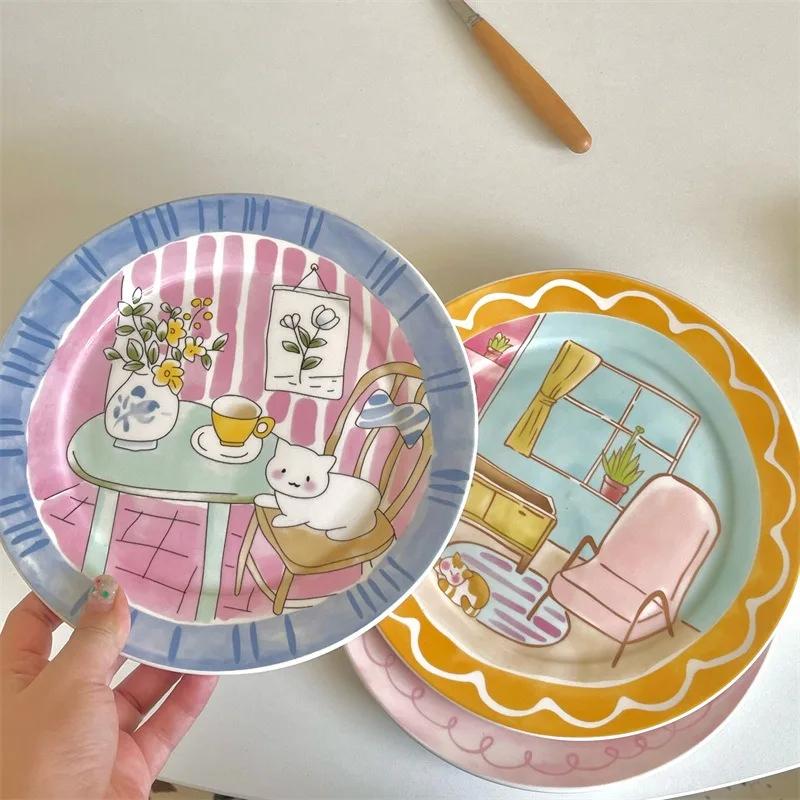 Милая и игривая мультяшная керамическая тарелка корейская высокая эстетика бытовая посуда десертная тарелка салатная тарелка для завтрака керамическая плоская