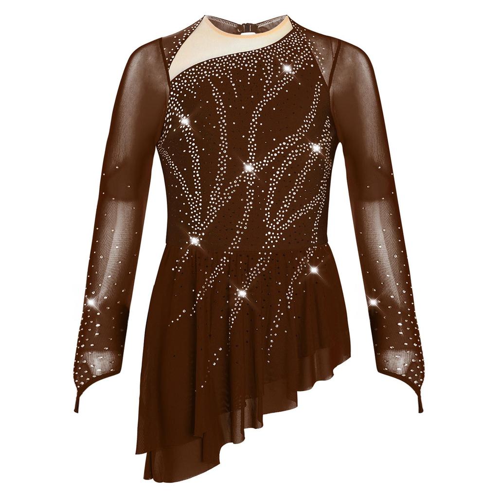 Girls Lyrical Dance Dress Sheer Mesh Long Sleeves Cutout Back Design with Sparkly Rhinestones Asymmetric Hem Skirt