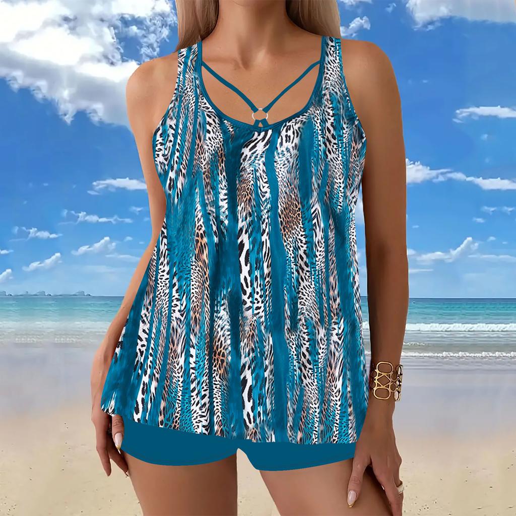 Женский купальник-бикини с лямкой на шее и сложными узорами и принтом-танкини