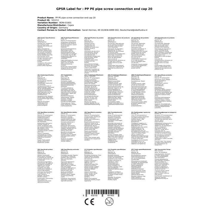 Raccord PE 20mm - CEPEX - Bouchon Polyéthylène - Compression - Eau Potable - PN16