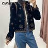 Autumn Women's Black Printed Round Neck Vintage Long Sleeve Cardigan Jacket