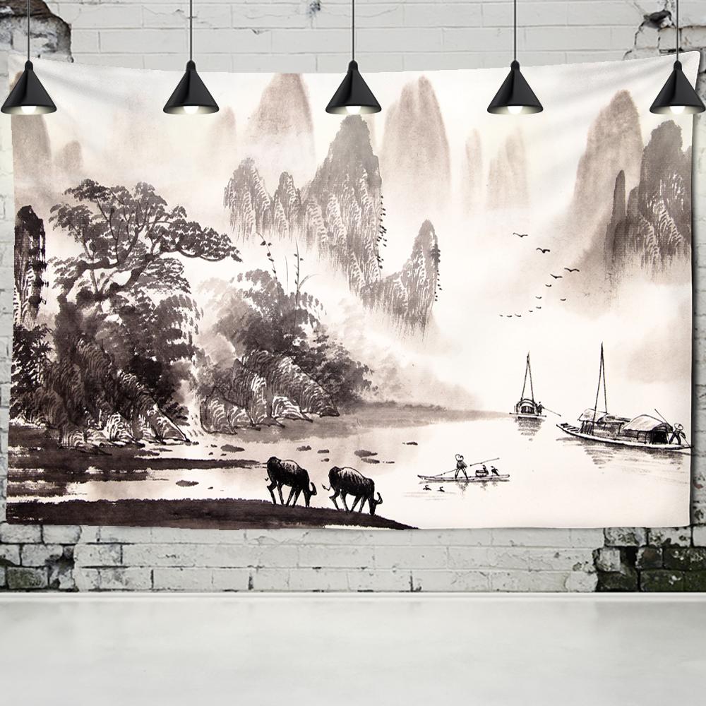 Снежные горы, природный пейзаж, гобелен, настенный гобелен с рекой, матрас в стиле хиппи, богемный настенный гобелен для спальни, гостиной, дома