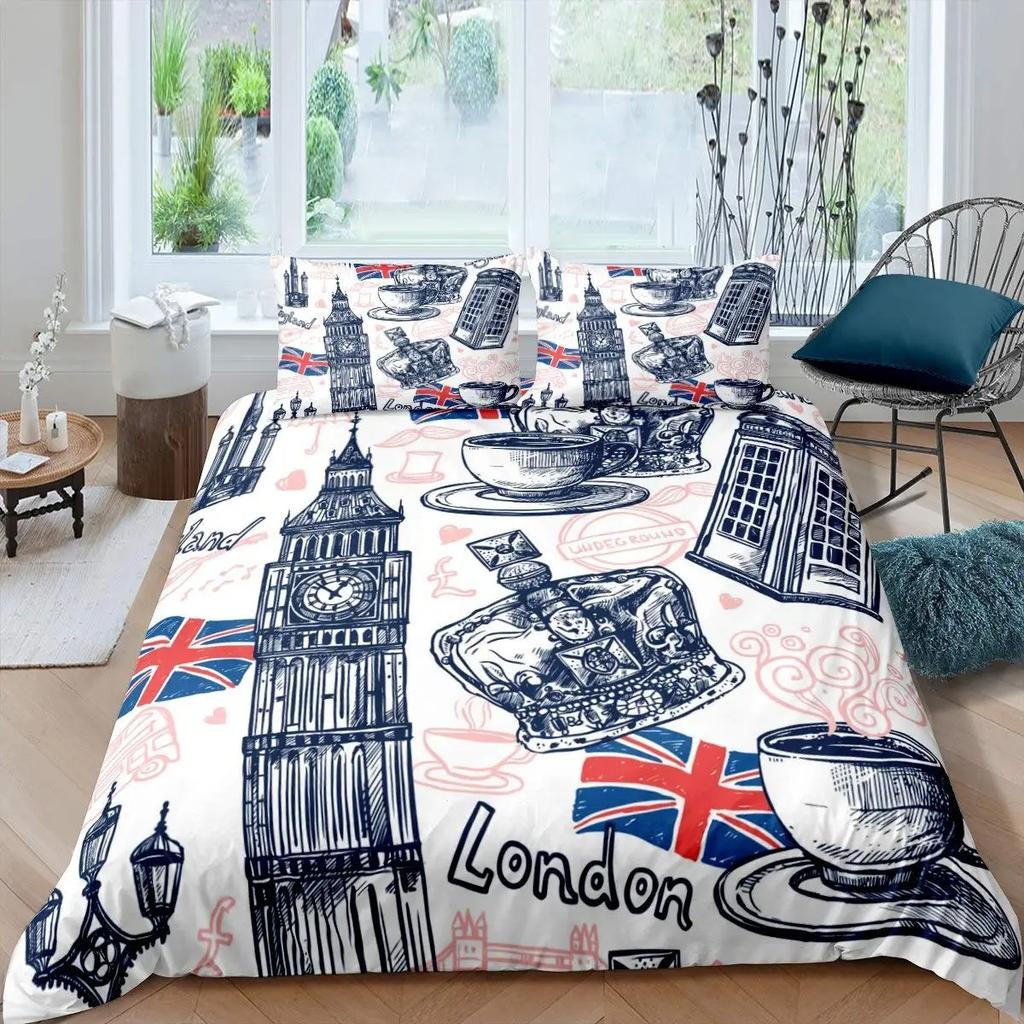 Big Ben Comforter Cover Boys Famous Telephone Booth Bedding Set For Teens Retro London Cityscape Duvet Cover Set With Pillowcase