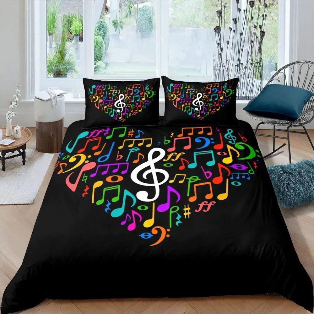 Music Guitar Duvet Cover King Queen Black White and Grey Graffiti Bedding Set Musical Notes Comforter Cover Musical Quilt Cover