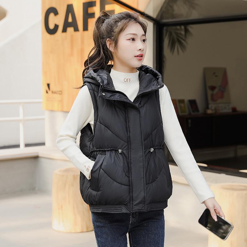 Women Autumn Winter Hooded Collar Sleeveless Solid Color Drawstring Warm Coat Vest