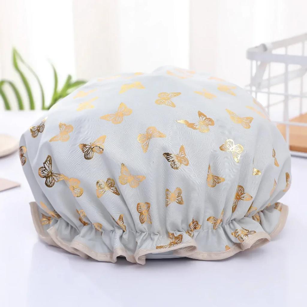 Double Shower Cap Waterproof Hair Cap Hot Gold Printed Terylene Cotton Shower Hat Bathing Comfortable Women Eco-Friendly