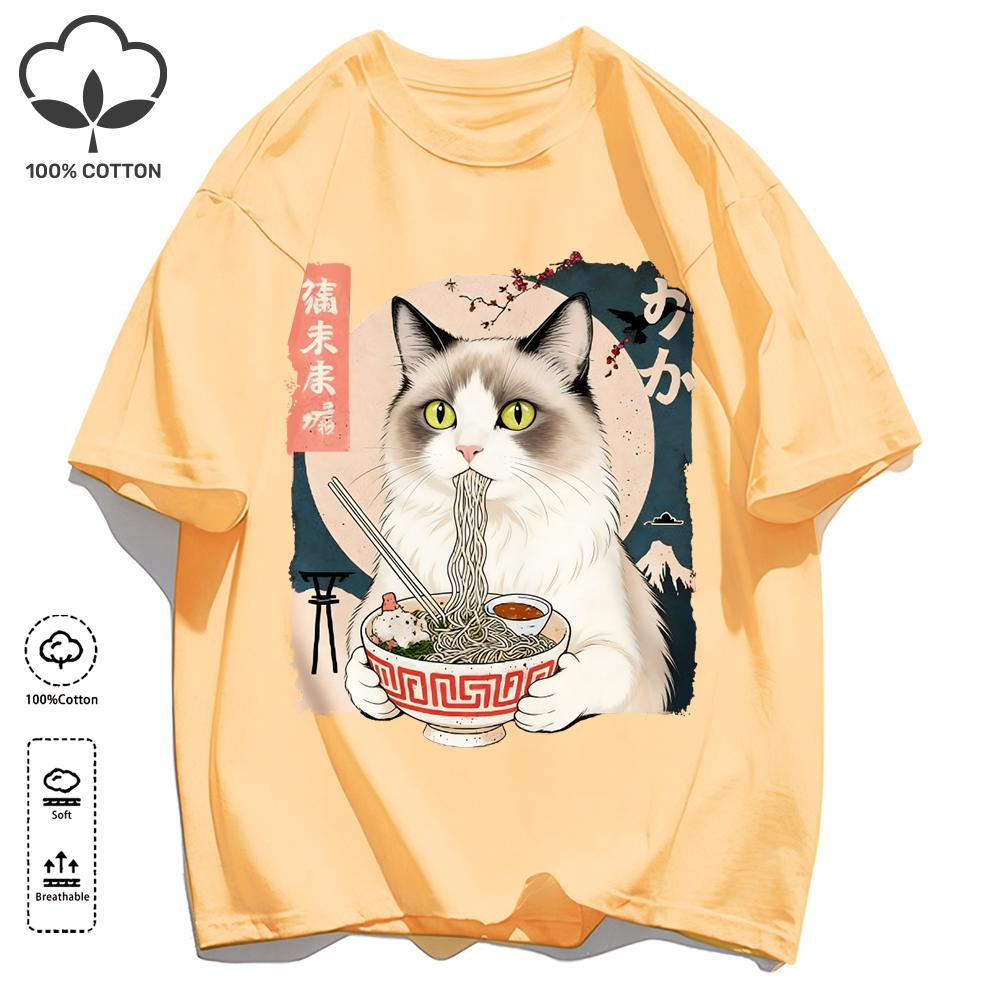 Puppet Cats Who Like To Eat Lamian Noodles T-Shirt Unisex Cotton O-Neck Tee Summer Loose Clothing Fashion Unisex Retro Short Sleeve
