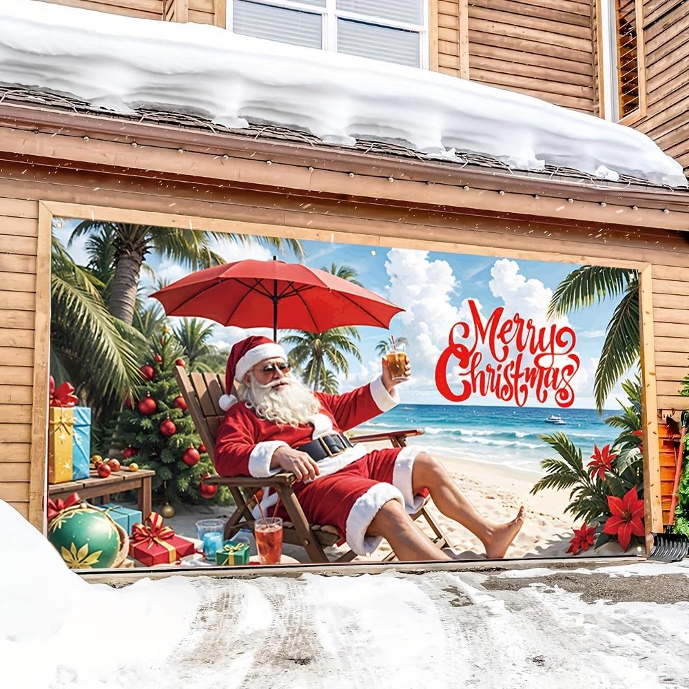 1 piece, Fun Santa Claus Christmas Garage Door Banner on the Beach - Bright Festival Decoration